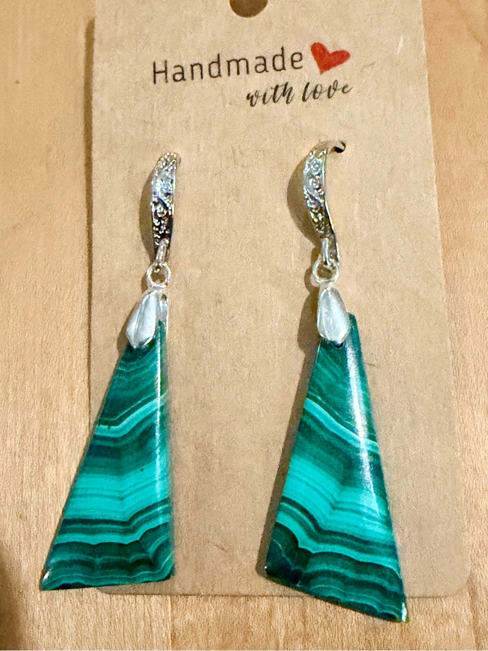Handmade XL Malachite on Platinum Plated Drop Earrings